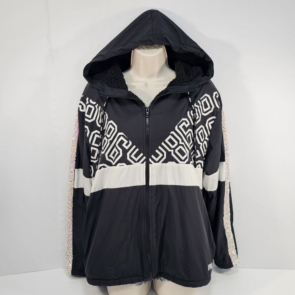 Victoria Secret PINK Sherpa Lined Campus Full Zip Anorak Black & White Size XS/S